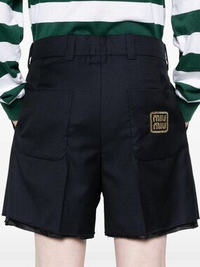 MIU MIU Navy Blue Wool Gold Logo Embroidery Bermuda Low Waist Shorts 38 / 2